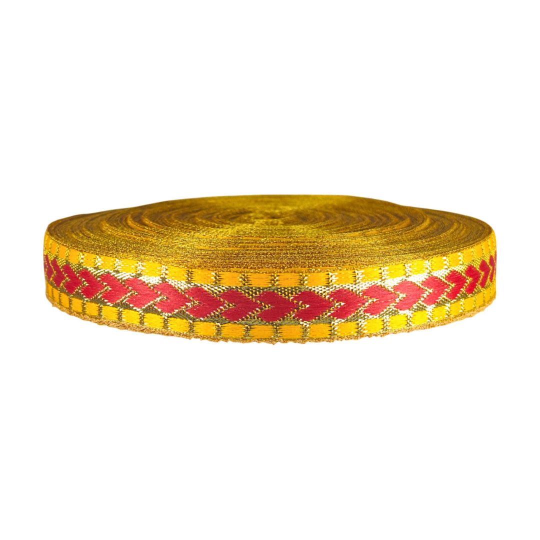 Yellow and red braided ribbon on a white background